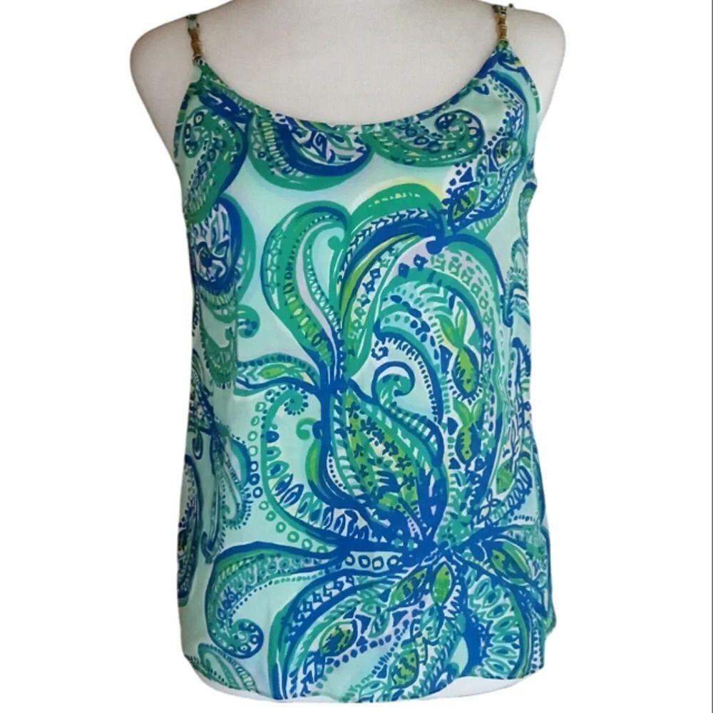 Lilly Pulitzer Keep It Current Blue Green Silk Spaghetti Strap Silk Blouse Small
